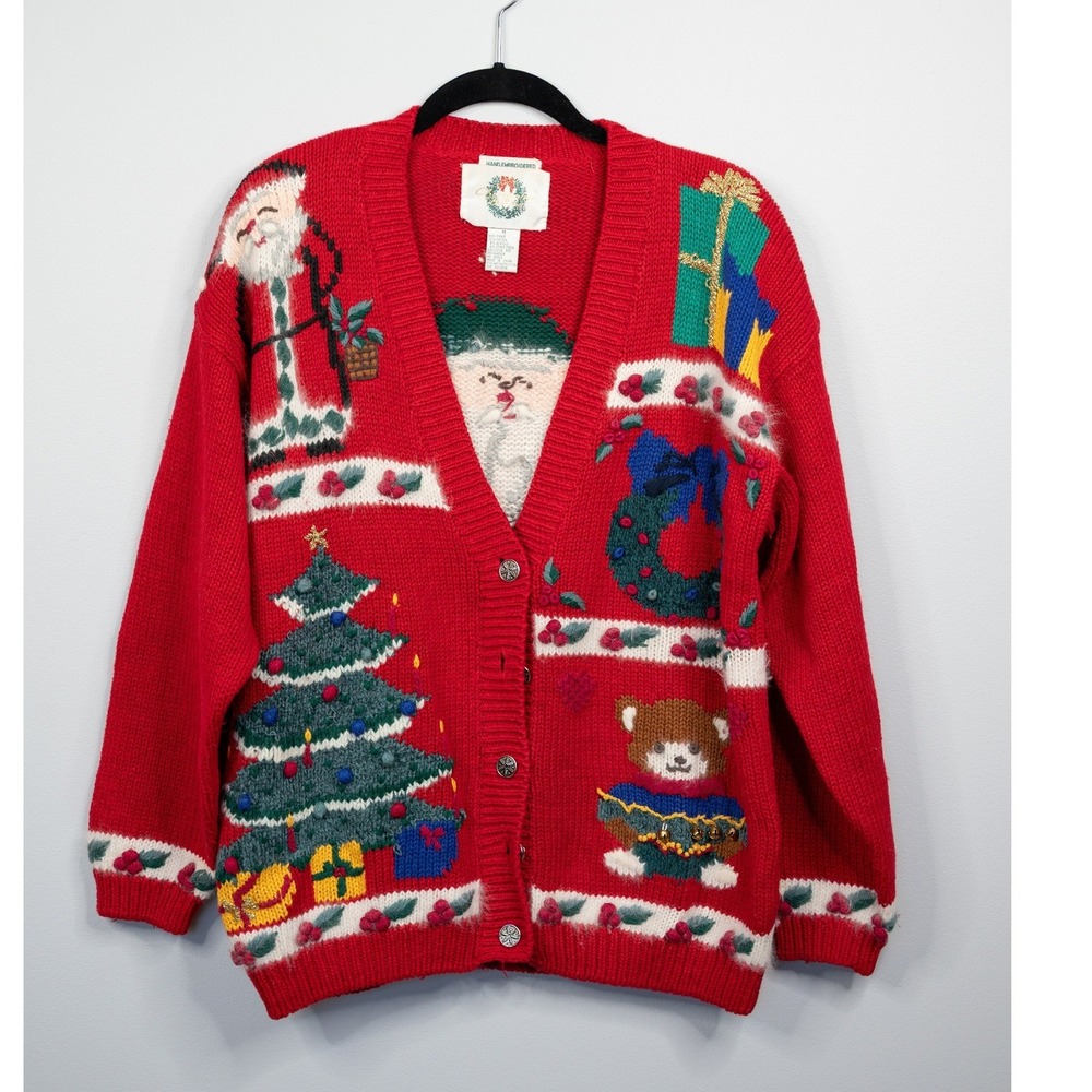 Christopher & Banks Cardigan Women M Red Excellent Holiday Santa Christmas Tree